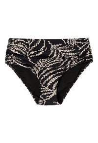 Parte inferior de bikini de talle alto en negro con patrón de hojas beige. Presenta laterales fruncidos y una textura suave, adecuada para ropa de baño.
