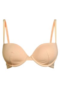 Beige polstret bh med glat, strækbart stof. Underwire støtte, justerbare stropper og en subtil glans. Sømløst design uden udsmykninger.