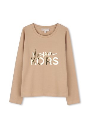 Beige shirt met lange mouwen, een ronde hals en een metallic gouden "Michael Kors" logo gedrukt op de voorkant.
