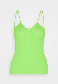 Zielony prążkowany top na ramiączkach z cienkimi paskami i dekoltem w kształcie litery V, wykonany z elastycznego materiału zapewniającego dopasowany krój.