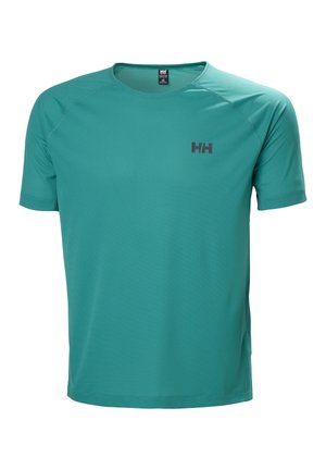 Türkisfarbenes kurzärmeliges sportliches T-Shirt mit Rundhalsausschnitt und kleinem schwarzem "HH"-Logo auf der linken Brust.