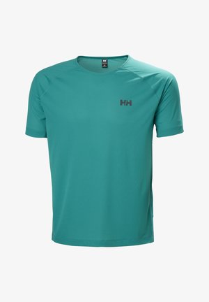 Türkisfarbenes kurzärmeliges sportliches T-Shirt mit Rundhalsausschnitt und kleinem schwarzem "HH"-Logo auf der linken Brust.