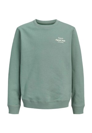 Sweat-shirt vert col rond à manches longues, poignets et ourlet côtelés, avec un petit logo texte blanc sur la partie supérieure gauche de la poitrine.