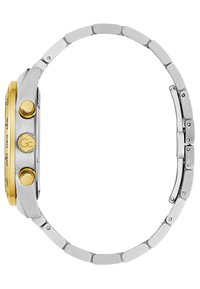 Orologio in acciaio inossidabile argento con lunetta color oro, cassa tonda e pulsanti a pressione. Il bracciale presenta maglie spazzolate e lucide.