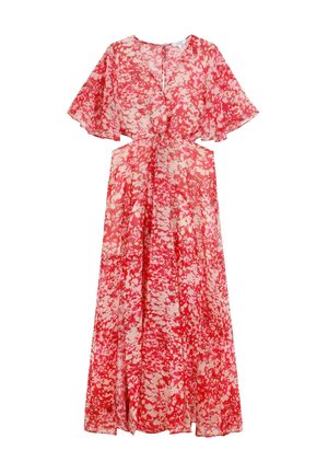 Abito maxi con un motivo astratto rosso e rosa, caratterizzato da maniche a sbuffo, scollo a V, vita aderente e ritagli laterali per un tocco di dettaglio.