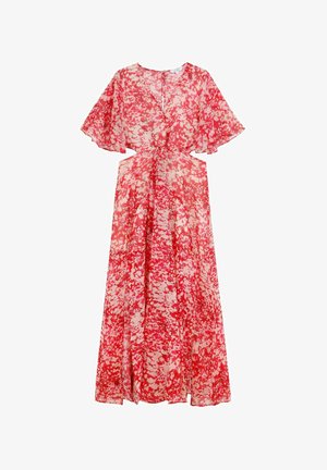 Maxi dress in a red and pink abstract pattern, featuring flutter sleeves, a V-neck, a fitted waist, and side cutouts for added detail.