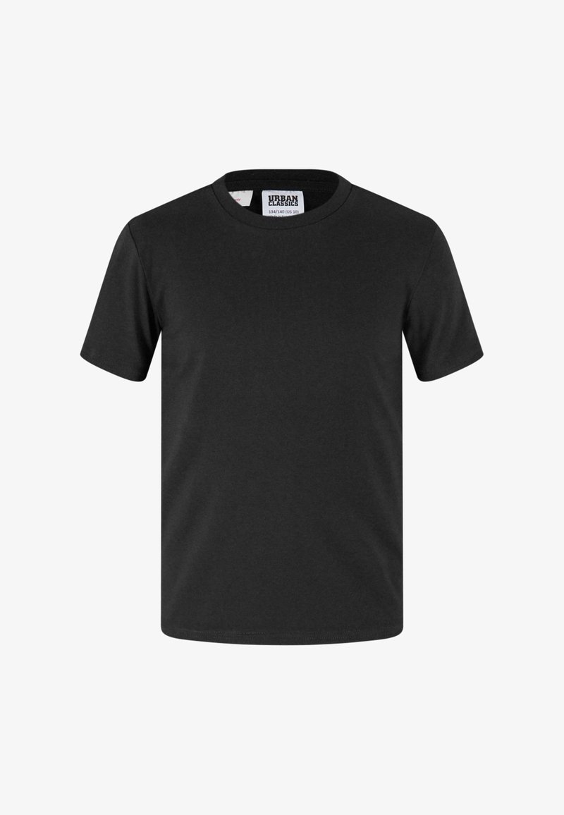 Must musta T-särk ringikujulise kaeluse ja lühikeste varrukatega. Sile tekstuur, tavaline lõige ning ilma nähtavate mustrite või aktsentideta.