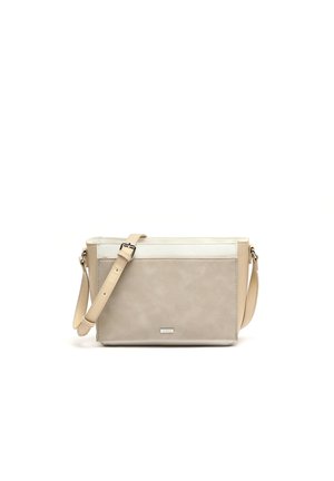 Borsa a tracolla in pelle beige con un pannello superiore testurizzato, tracolla regolabile e un piccolo logo metallico sulla parte anteriore. Finitura liscia complessiva.