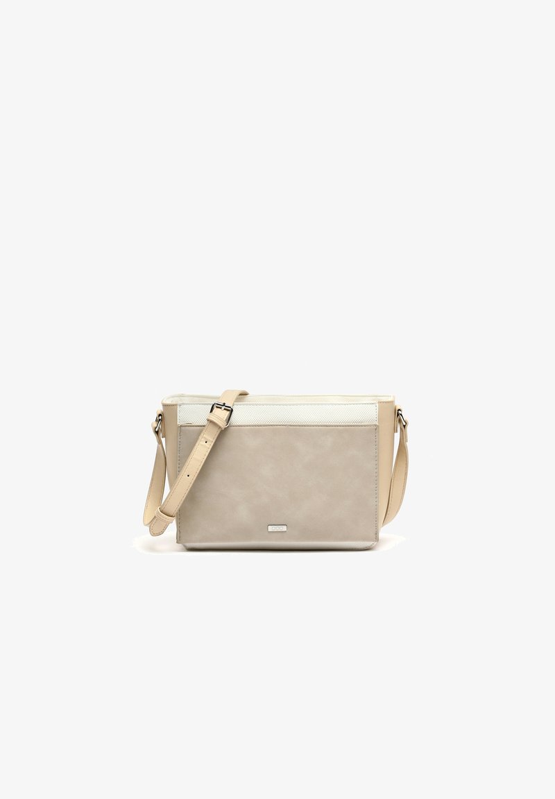 Beige leather crossbody bag with a textured top panel, adjustable strap, and a small metallic logo on the front. Smooth finish overall.