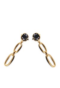 Boucles d'oreilles en ton or ornées de pierres précieuses noires rondes en haut, reliées par des maillons ovales allongés, créant un design moderne.