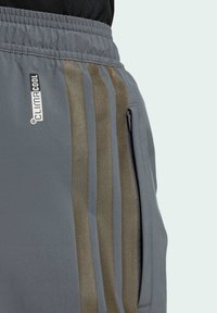 Šedé športové šortky s pásom na šnúrku, s reflexnými prúžkami hnedého odtieňa a zipsovým vreckom na pravej strane.