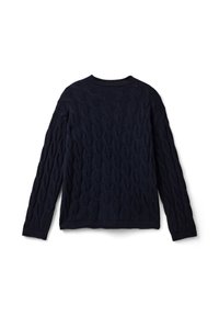 Maglione blu navy a lavorazione a treccia con maniche lunghe, colletto rotondo, tessuto strutturato e vestibilità comoda. Motivo in rilievo distintivo su tutta la superficie.
