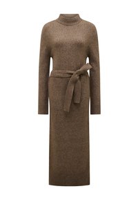 Strickkleid mit langen Ärmeln in warmem Braunton, hohem Kragen, tailliertem Gürtel und gerippten Bündchen, das eine gerade Silhouette bietet.