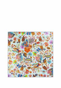 Tissu rectangulaire présentant un motif floral vibrant en orange, rose, bleu et vert sur un fond bleu clair. Texture lisse.