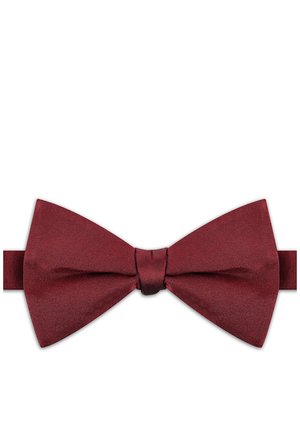 Bordowa mucha satynowa w klasycznym kształcie motyla z regulowanym paskiem, rozłożona na płasko na białym tle.