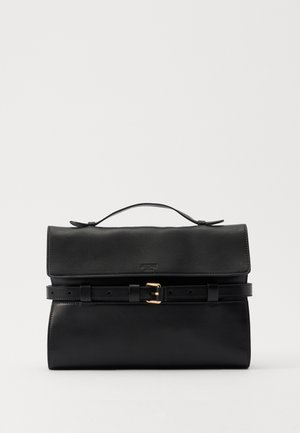 Black leather handbag with a fold-over flap, buckle detail, and a top handle. Smooth texture and minimalistic design, suitable for various occasions.