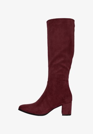 Knee-high bordeaux laarzen van suede, met een slanke vorm, spitse neus en een stevige hak voor stabiliteit. Gladde textuur met minimale accenten.