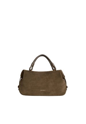 Borsa in camoscio marrone con doppi manici arrotondati e piccolo logo del marchio dorato al centro davanti.