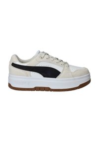 Men's sneakers with white leather, beige suede, and a black suede accent. Thick white sole with a gum rubber bottom, round toe, and lace-up design.