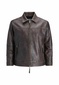 Brown leather zip-up jacket with a collared neckline, side pockets, and contrasting stitching. Smooth texture with a structured fit.