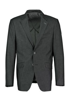 Koolgrijze blazer van een gestructureerde stof, met een enkele knoopsluiting, twee voorzakken en een voering met stippenpatroon.