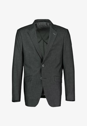 Koolgrijze blazer van een gestructureerde stof, met een enkele knoopsluiting, twee voorzakken en een voering met stippenpatroon.
