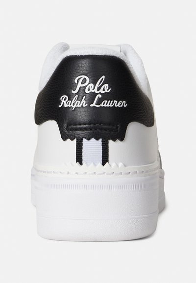 White sneaker with black leather heel cap. Features "Polo Ralph Lauren" logo in white. Textured surface and striped detailing on heel.
