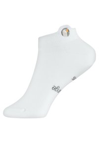 Calzino bianco alla caviglia realizzato in morbido materiale, con un logo di pinguino grigio sul risvolto e testo stampato sul lato. Texture liscia.