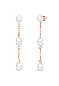 Orecchini a pendente con tre perle bianche su una catena in oro rosa. Presentano perle tonde e perle a forma di goccia allungata.