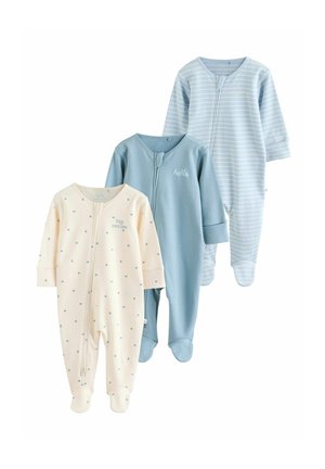 Tre babybodyer: en cremefarvet med blå stjerner, en ensfarvet lys blå med "hej", og en lys blå stribet, alle med trykknapper.