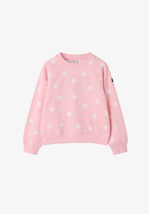 Lyserød sweatshirt med store hvide polkaprikker, ribstrikkede manchetter og kant samt en rund halsudskæring. Fremstillet af blødt stof med en afslappet pasform.