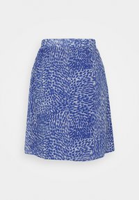 Saia azul com um padrão semelhante a folhas em várias tonalidades de azul, feita de um tecido leve e com uma faixa elástica na cintura.