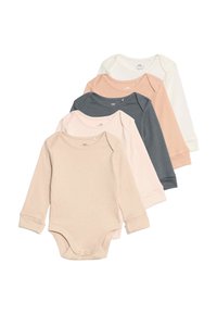 Cinque bodysuit a manica lunga in beige, rosa chiaro, grigio scuro, crema e rosa morbido. Realizzati in cotone con bottoni a pressione nella parte inferiore e polsini a coste.