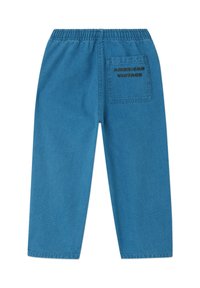 Pantalon en jean bleu avec une taille élastique, une coupe droite et une poche arrière avec l'inscription "AMERICAN VINTAGE" imprimée en noir.