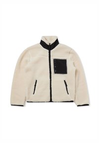 Giacca in pile off-white con dettagli neri. Caratterizzata da un alto colletto, chiusura con zip e due tasche laterali. Tasca sul petto nera con zip.