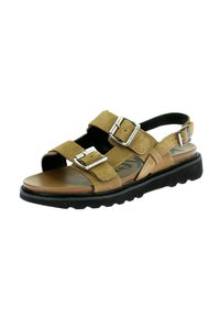 Bruna mockaskinnsandaler med två justerbara remmar, silverfärgad spänne, öppen tå-design och slitstark svart gummisula.
