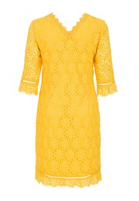 Robe en dentelle jaune avec un décolleté en V, des manches 3/4, un motif floral et des bords festonnés. Présente des découpes complexes et une finition texturée.