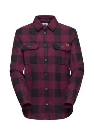 Camicia a quadri con una combinazione di colori bordeaux e nera, realizzata in tessuto morbido, con colletto, chiusura a bottoni e due tasche sul petto.