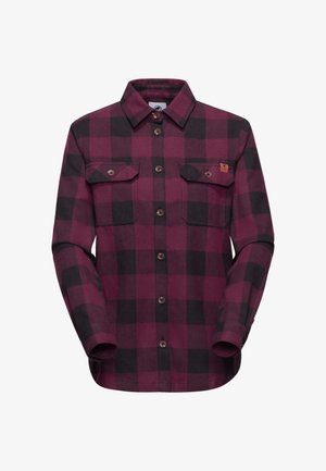 Camicia a quadri con una combinazione di colori bordeaux e nera, realizzata in tessuto morbido, con colletto, chiusura a bottoni e due tasche sul petto.
