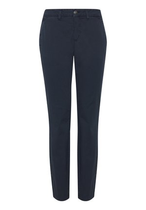 Navy chino pants made of cotton, featuring a straight leg design, front pockets, a button closure, and a smooth texture.