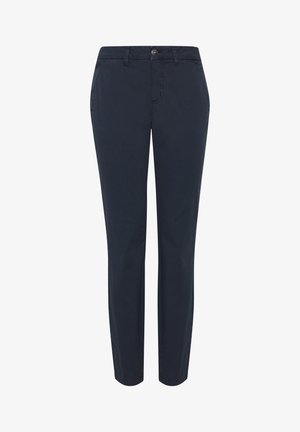 Navy chino pants made of cotton, featuring a straight leg design, front pockets, a button closure, and a smooth texture.