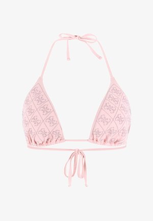 Lichtroze driehoek bikini top met halternek en strikjes aan de achterkant, met een subtiel herhalend bloemmotief in diamantvorm.