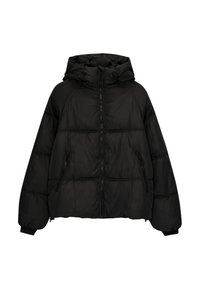 Sort pufferjakke med hætte, der har en lynlåslukning foran, sidelommer og kviltet tekstur. Fremstillet af let, holdbart materiale.