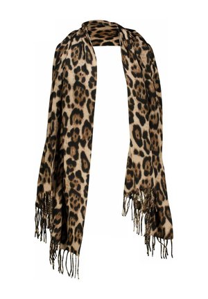 Sjaal met luipaardprint gemaakt van zachte stof, met tinten beige en bruin, afgewerkt met franjes aan de uiteinden en een lange, rechthoekige vorm.