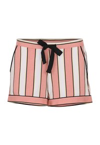 Roze en witte gestreepte shorts met een zwarte trekkoord, voorzien van zijzakken en zwarte afwerking aan de zoom. Zachte stof, comfortabele pasvorm.