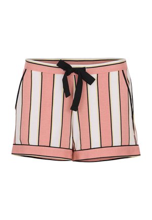 Różowo-białe szorty w paski z czarnym sznurkiem, posiadające boczne kieszenie i czarne wykończenie u dołu. Miękka tkanina, luźny krój.