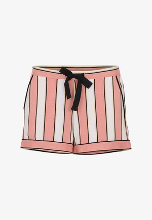 Różowo-białe szorty w paski z czarnym sznurkiem, posiadające boczne kieszenie i czarne wykończenie u dołu. Miękka tkanina, luźny krój.