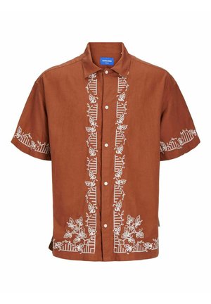 Rudas trumpas rankovėmis marškinis su baltais gėlėtais siuvinėjimais priekyje ir ant rankovių, su mygtukų užsegimu ir klasikiniu apykakle.