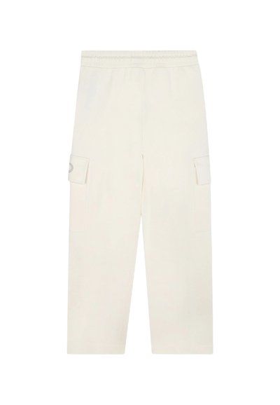 Kremowe spodnie cargo o luźnym kroju, z elastycznym pasem i dwoma bocznymi kieszeniami z klapami. Miękka tekstura.