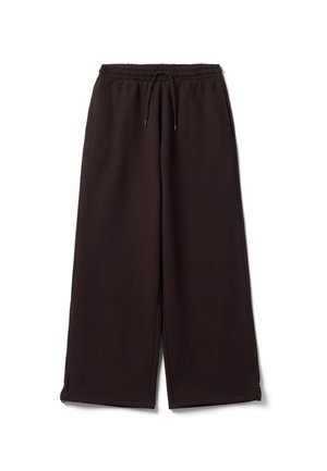 Schwarze Hose mit weitem Bein, elastischem Bund und Kordelzug, aus weichem Stoff, flach auf weißem Hintergrund ausgebreitet.